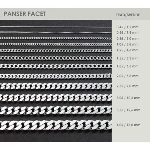 BNH panser facet armbånd i sterlingsølv 18,5–23 cm og 0,85 eller 4,05 mm