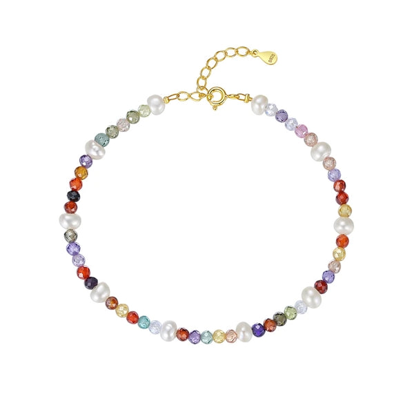 Lana armbånd i forgyldt sølv med farvede zirkonia og ferskvandsperler fra ByBirch 16+3 cm