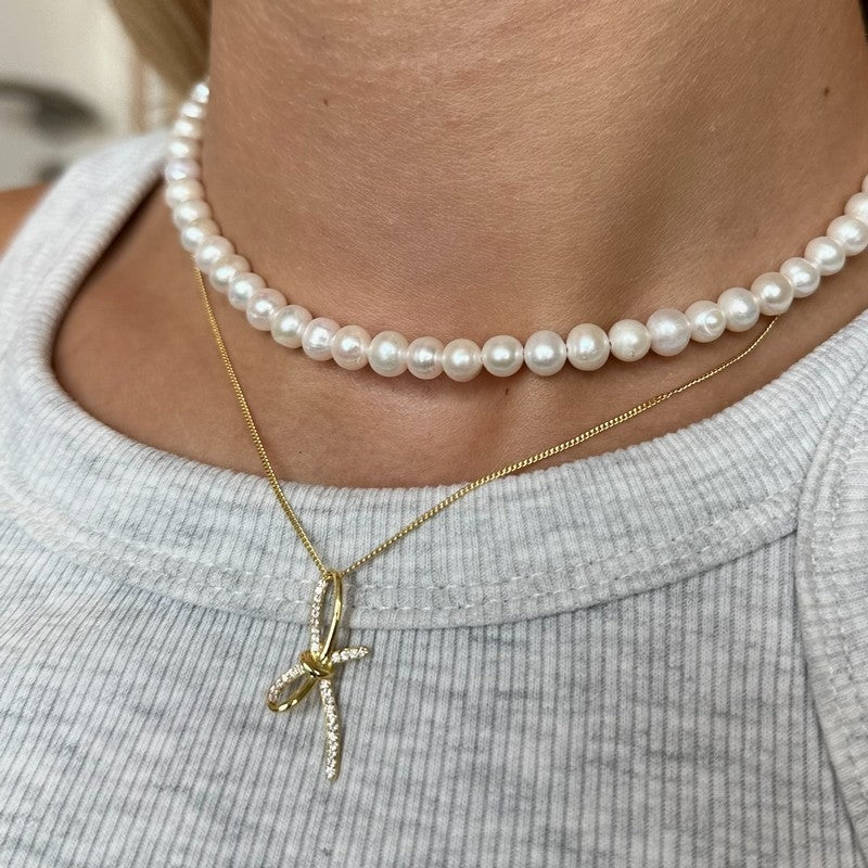 Rio halskæde i 18 karat forgyldt sølv med sløjfe og zirkonia fra MerlePerle 40+5 cm