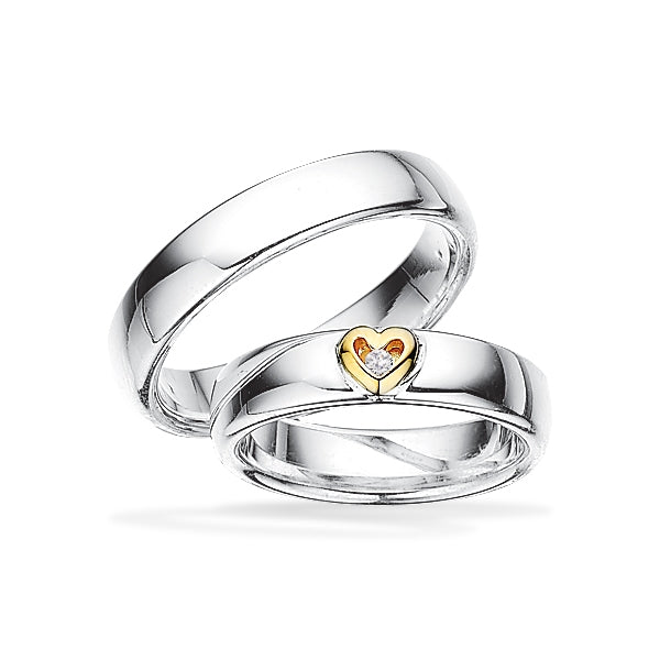 Romantisk Scrouples vielsesringe i sølv med 14 kt guldhjerte og 0,02 ct diamanter
