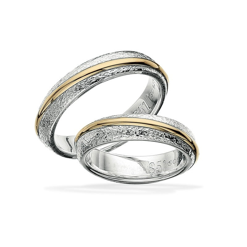Moderne Scrouples vielsesringe i sølv med 14 kt twistet guldbånd, 5 mm