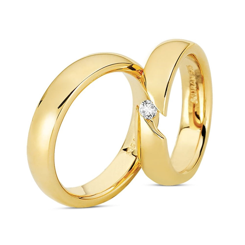 Smukke Nuran vielsesringe i 8 eller 14 karat guld med 0,10 ct diamant