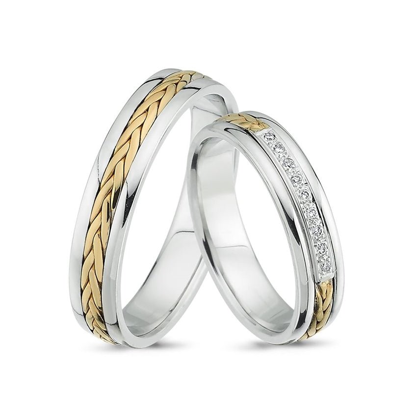 Stilfulde Nuran vielsesringe i 14 karat guld og hvidguld med 9 x 0,005 ct diamanter