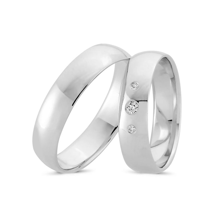Sofistikerede Nuran vielsesringe i 14 karat hvidguld med 3 diamanter (0,03 + 2 x 0,01 ct)
