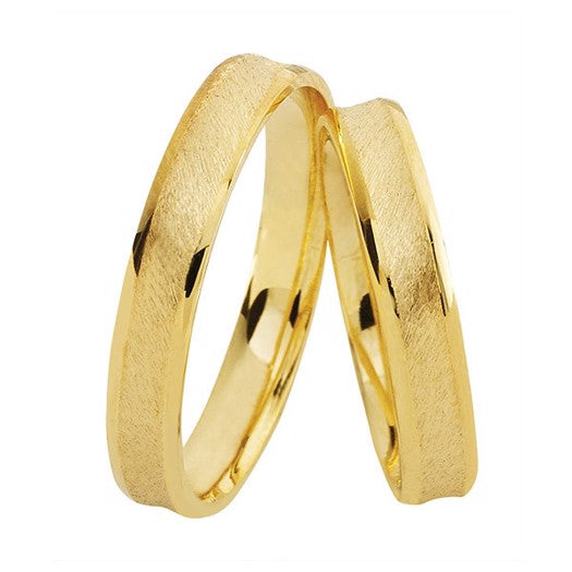 Klassiske Nuran vielsesringe i 14 karat guld med mat skøjtemat overflade og blanke kanter – 5 mm brede.