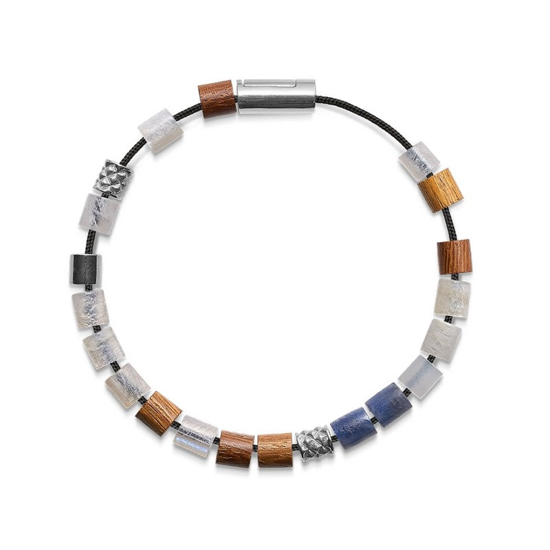 Mads Z WHITE BEACH, JAPAN armbånd i sort nylon med sølvlås, sølv, safir, hvid månesten og brun driftwood 16,5–21 cm