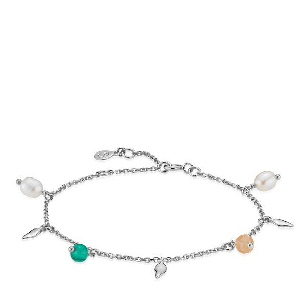 Mia x Sistie sølvarmbånd med ferskvandsperle, peach månesten og grøn onyx 14,5–17,5 cm
